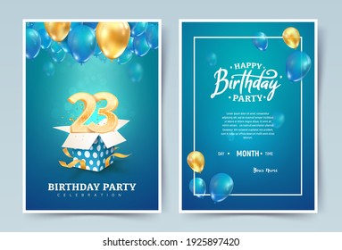 23 th years birthday vector invitation double card. Twenty three years anniversary celebration brochure. Template of invitational for print on blue background