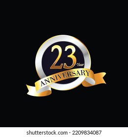 23 Year Anniversary celebration Vector Design with ring and ribbon. 23rd Anniversary celebration. Gold Luxury Banner of 23rd Anniversary celebration. twenty-third celebration card.