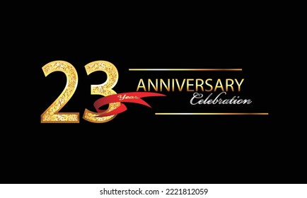 23 Year Anniversary celebration Vector Design. 23rd Anniversary celebration. Gold Luxury Banner of 23rd Anniversary celebration with red ribbon and glitter. Background celebration. Vector anniversary