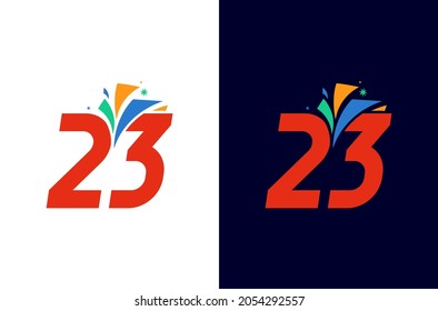 23 year anniversary firework logo design. Number celebration with colorful spark. Simple icon for carnival or festival