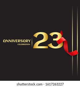 23 year anniversary logo template on black background. golden numbers with red ribbon vector