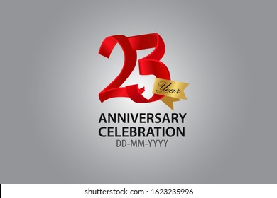 23 Year Anniversary Red Color Ribbon style with Golden Ribbon Color on Grey Background for banner, birthday card, invitation card, poster - Vector