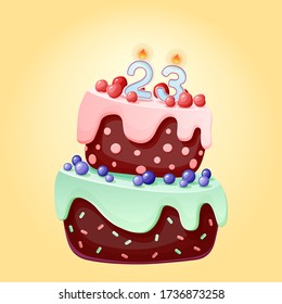 23 year birthday cute cartoon festive cake with candles and number twenty three. Chocolate biscuit with berries, cherries and blueberries. For parties, anniversaries