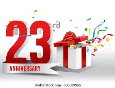 23 years anniversary background with ribbon, confetti and gift on white. Poster or brochure template. Vector illustration.