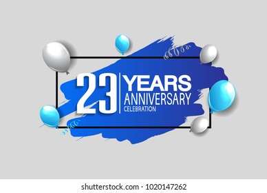 23 years anniversary celebration design with blue brush and balloons isolated on white background