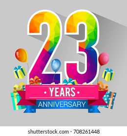 23 Years Anniversary Celebration Design, with gift box and balloons, red ribbon, Colorful polygonal logotype, Vector template elements for your birthday party.