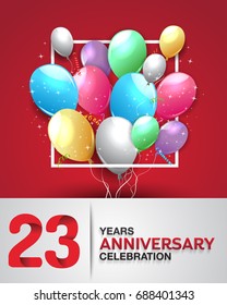 23 years anniversary celebration greeting card. anniversary logo with colorful balloon. Vector design for celebration, party, festival, invitation card, and birthday