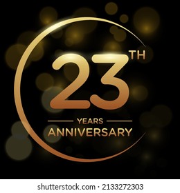 23 years anniversary celebration. Anniversary logo with ring and elegance golden color isolated on black background, vector design for celebration, invitation card, greeting card, and banner