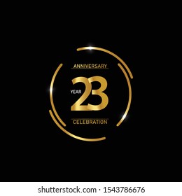 23 years anniversary celebration logotype. anniversary logo with circle golden and Spark light white color isolated on black background, vector design 