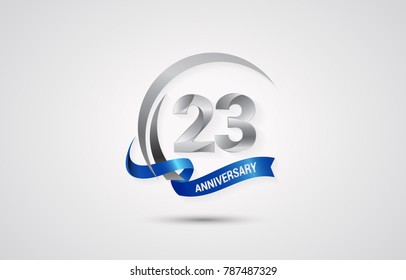 23 Years Anniversary Celebration Logotype. Silver Elegant Vector Illustration  with Swoosh,  Isolated on white Background can be use for Celebration, Invitation, and Greeting card