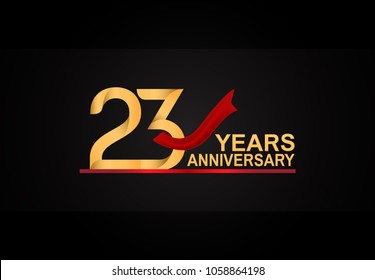 23 years anniversary design with red ribbon and golden color isolated on black background