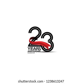 23 years anniversary flat black color and red ribbon isolated on white background