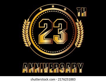 23 years anniversary. Gold vector with rings for 23 years anniversary celebration on black background.