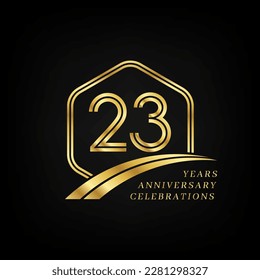 23 years anniversary. Lined gold hexagon and curving anniversary template.