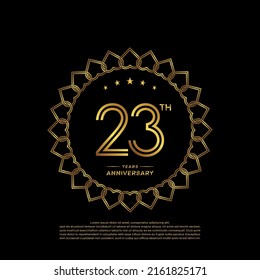 23 years anniversary logo with golden color and laurel, isolated on black background for booklet, leaflet, magazine, brochure poster, banner, web, invitation or greeting card. Vector illustrations.
