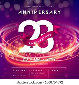 23 years anniversary logo template on purple Abstract futuristic space background. 23rd modern technology design celebrating numbers with Hi-tech network digital technology concept design elements.
