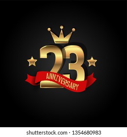 23 years Anniversary simple design with golden font, star and crown and red ribbon. Red ribbon and golden text on top golden number. My all design can see in my portofolio