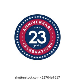 23 years anniversary. Anniversary template design, red and blue color with stars, design for event, invitation card, greeting card, banner, poster, flyer, book cover and print. Vector Eps10