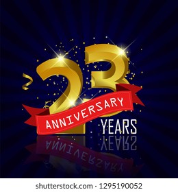 23 years anniversary Vector Template Design with golden color and silver ribbon isolated on blue sunburst background illustration for celebration event - Vector