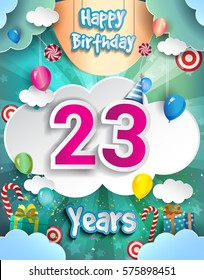 23 Years Birthday Design for greeting cards and poster, with clouds and gift box, balloons. design template for anniversary celebration.