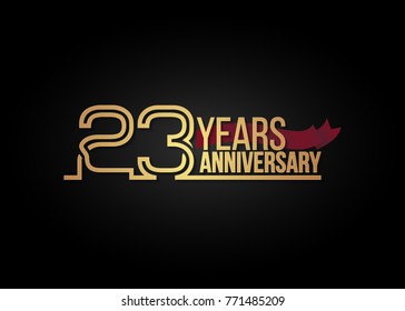 23 Years gold Anniversary celebration logotype using multi linear number with red ribbon isolated on black background.