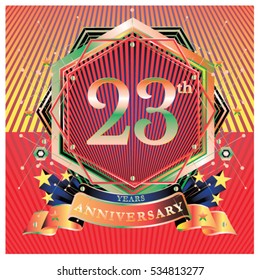 23 years golden anniversary logo celebration with ring and ribbon.
