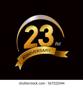 23 years golden anniversary logo celebration with ring and ribbon.
