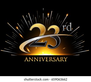 23 years golden anniversary logo celebration with firework and swoosh on dark background