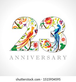 23 years old logotype. 23 rd anniversary numbers. Decorative symbol. Age congrats with peacock birds. Isolated abstract graphic design template. Royal colorful digits. Up to 23% percent off discount.