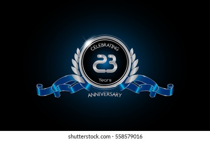 23 years silver anniversary celebration logo with red ribbon , isolated on dark background