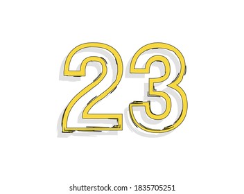 23 yellow number, hand drawn brush stroke. Comic style, calligraphic design. For design element, logo, creative poster etc. Vector illustration 