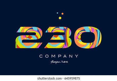 230 number digit numeral logo. colored colorful rainbow acrylic modern creative vector icon design template.