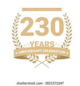 Icono vectorial de 230 años, logotipo. Elemento de diseño gráfico con número y composición de texto para el 230º aniversario