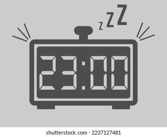 23:00 hours digital alarm clock. Vector with alarm clock marking time. Design for telling time with sleep icon