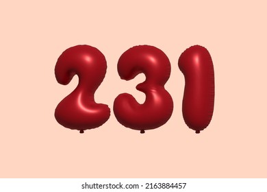 231 3d number balloon made of realistic metallic air balloon 3d rendering. 3D Red helium balloons for sale decoration Party Birthday, Celebrate anniversary, Wedding Holiday. Vector illustration