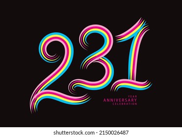 231 number design vector, graphic t shirt, 231 years anniversary celebration logotype colorful line, 231th birthday logo, Banner template, logo number elements for invitation card, poster, t-shirt.