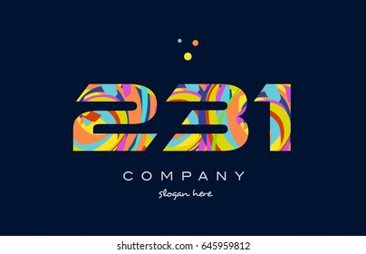 231 number digit numeral logo. colored colorful rainbow acrylic modern creative vector icon design template.