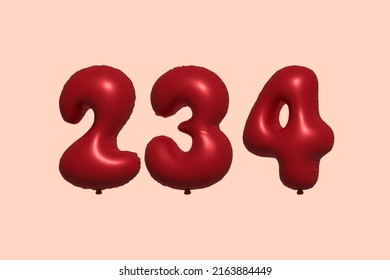 234 3d number balloon made of realistic metallic air balloon 3d rendering. 3D Red helium balloons for sale decoration Party Birthday, Celebrate anniversary, Wedding Holiday. Vector illustration