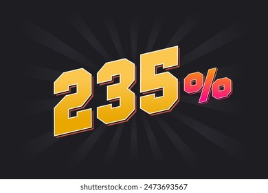 235% discount banner with dark background and yellow text. 235 percent sales promotional design.