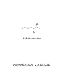 2,3-Dibromoheptane skeletal structure. Halogenated alkane compound schematic illustration. Simple diagram, chemical formula.