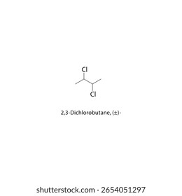 2,3-Dichlorobutane, (±)- skeletal structure. halogen alkane compound schematic illustration. Simple diagram, chemical formula.