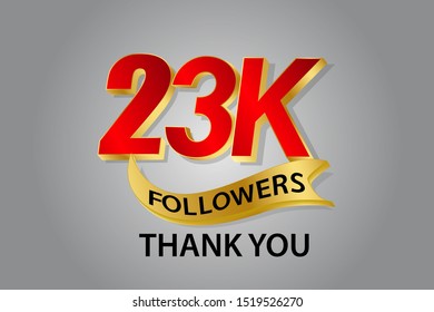 23K, 23.000 Followers anniversary, minimalist logo years, jubilee, greeting card. invitation. Sign Ribbon Gold space Red and Gold number vector illustration on black background - Vector