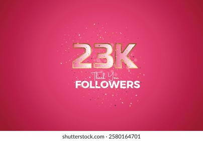 23K isolated on pink background with sparkling confetti, Thank you followers peoples, golden, Pink number 23K online social group, 24k