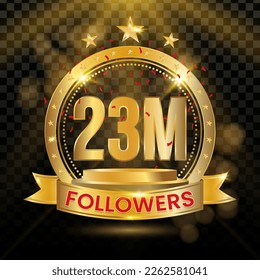 23M Followers Logotype with Gold and red Confetti Isolated on Black Background (PNG), Vector Design for Greeting Card and Social Media.