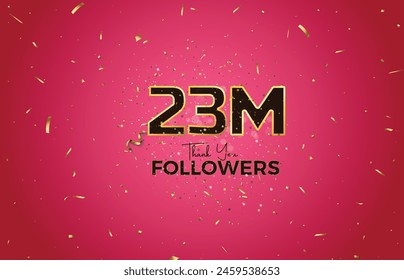 23M isolated on pink background with sparkling confetti, Thank you followers peoples, golden, Black number 23M online social group, 24M svg