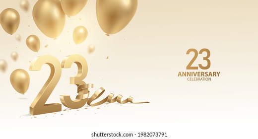 23. Jubiläumsfeier Hintergrund. 3D Goldene Zahlen mit gebogenem Band, Konfetti und Ballons.