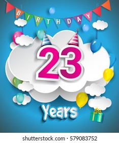 23rd Anniversary Celebration Design, with clouds and balloons, confetti. Vector template elements for your, twenty three years birthday celebration party.