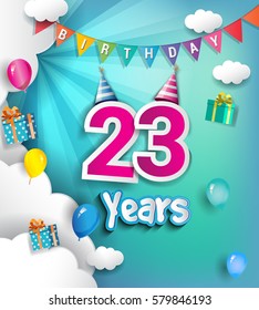 23rd Anniversary Celebration Design, with clouds and balloons. using Paper Art Design Style, Vector template elements for your, twenty three years birthday celebration party.
