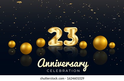 23rd Anniversary celebration Vector background by using two colors in the design between gold and red, Golden number 23 with Realistic 3d sign & gold Sphere for Birthday or wedding party 