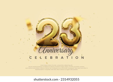 Celebración del 23° aniversario, diseño vectorial con brillante ilustración de globos dorados. Fondo vectorial premium para saludos y celebraciones.
